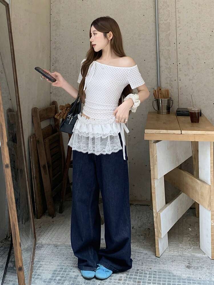 Women's Side Lace-Up Mesh Patchwork Short Casual Skirt