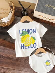 SHEIN Playful Pals Baby Boy White Summer Casual Cute Lemon Print Vacation Holiday Fashion Soft Short Sleeve Top,Toddler Boys Clothing,Spring Summer Outfits,Photography - White - View 3