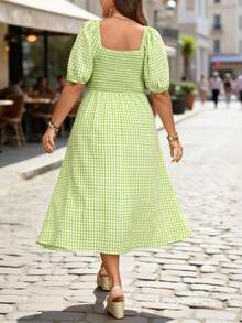 Breezaya Plus Size Sage Green Plaid Dress,Summer Elegant Deep V-Neck Puff Sleeve Mid-Length Skirt,Bali Tea Party Boho Picnic Vacation Resort Wear For Women - Green - View 2