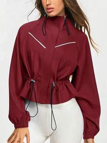 Eassivo Eassivo Women's Raglan Sleeve Drawstring Waist Casual Sports Jacket - Burgundy - View 4