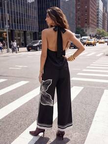CAJUNI Women Flower Printed Wide-Leg Elegant Pant - Black - View 2