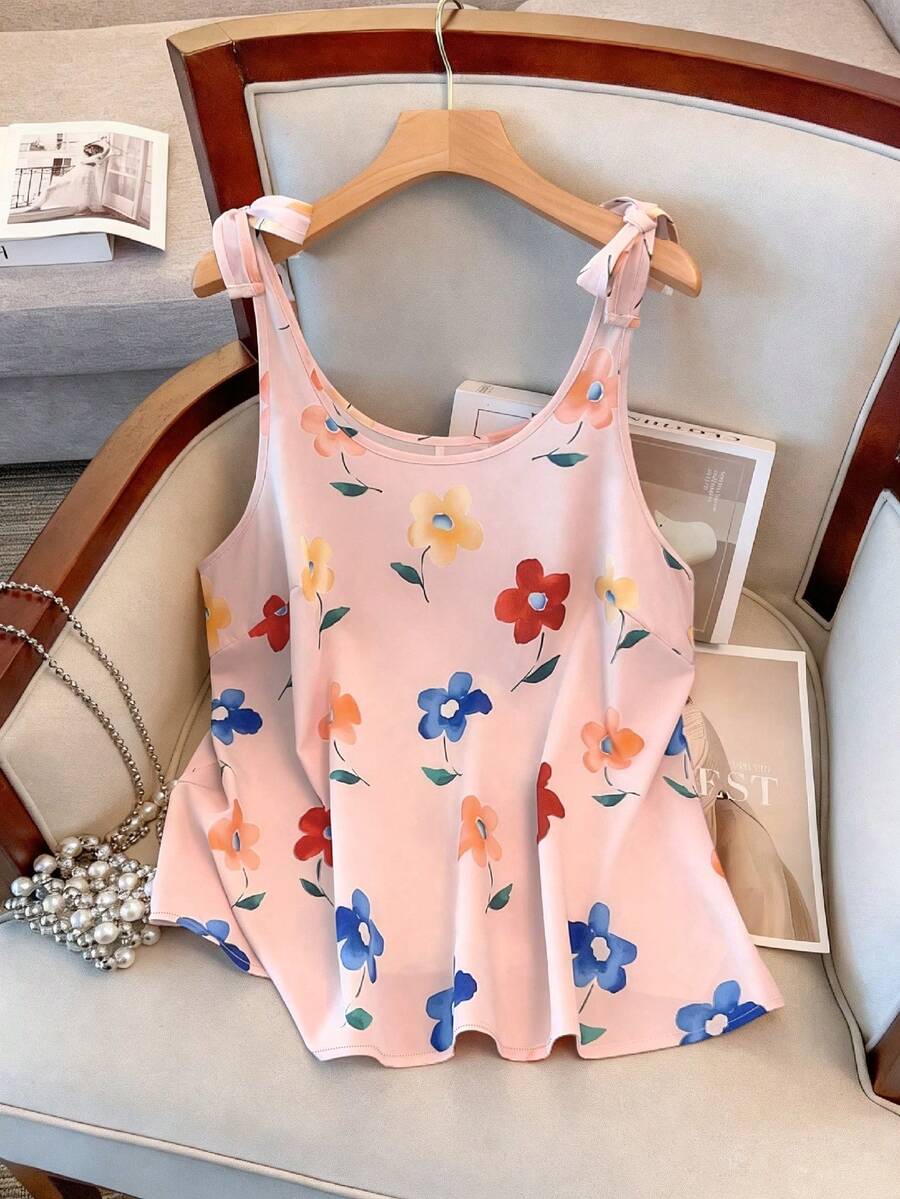 GlowEve CURVE Blusa de tirantes con lazo y estampado floral para mujer de talla grande, ropa de verano elegante y dulce con estilo campestre - Rosa - Ver 1