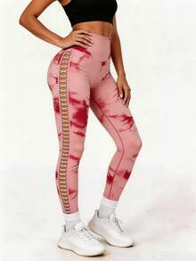 High Performance Tie Dye Leggings With Lace - For Yoga And Workout - 淺粉色 - 查看 3