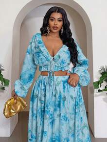 Veslaya Set Atasan Pendek dan Rok Panjang Motif Bunga Romantis Musim Semi/Panas, Cocok untuk Liburan, Pantai, Pesta, Kencan, dan Ukuran Plus - Biru - View 6