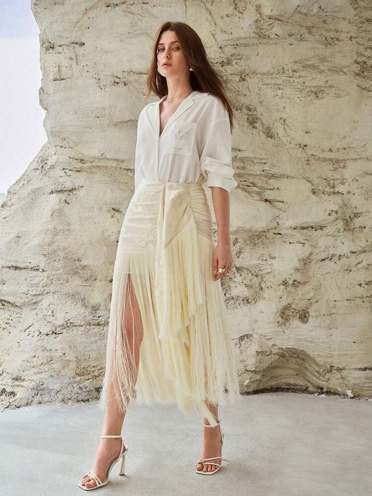 WOMEN'S LINEN EMBROIDERED TASSEL HEM RUCHED WAIST SKIRT