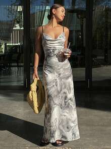 Livesso 女士夏季时尚扎染印花露背吊带连衣裙 - 米色 - 查看 5