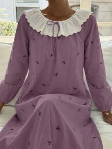 DAZY Ditsy Floral Ruffle Collar Lantern Sleeve Loose Long Women Nightgown - Dusty Purple - View 2