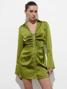 Aveloria Modichic Women's Elegant Lime Green Satin Dress,Autumn Slim Fit Ruched Design Button Up Lapel V-Neck Flare Sleeve Short Green Wedding Guest Dress For Brunch - Green - View 5
