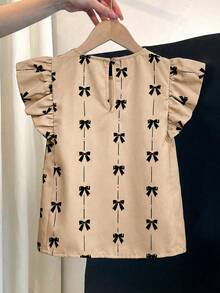 SHEIN Áo kiểu tay ngắn cổ tròn dáng rộng in nơ cho bé gái tuổi teen - Màu Khaki - Xem 8