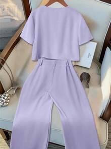 Plus Size Elegant Commuter Solid Color Top And Pants 2 Pieces Set, Summer - Purple - View 2
