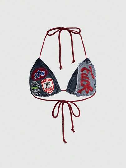 ROMWE Avant Áo crop top denim gợi cảm thắt dây, thêu logo khẩu hiệu phong cách Y2K dành cho nữ.