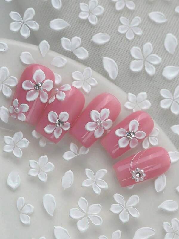 3D Relief Flower Nail Stickers, Pure White Camouflage Ice Translucent White Camellia Nail Art Decals, New Chinese Style Fairy Nail Supplies For French Manicure Decor
