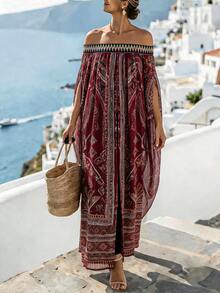 EMERY ROSE Plus Size Women's Off-Shoulder Floral Print Elastic Waist Loose Kaftan Maxi Dress,Navy Summer Boho Vacation Holiday Mediterranean Greece Outfits - Burgundy - View 1