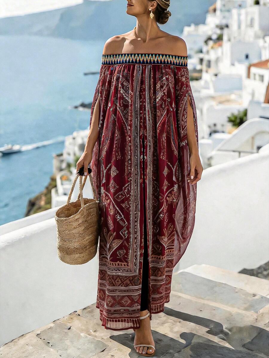 EMERY ROSE Plus Size Women's Off-Shoulder Floral Print Elastic Waist Loose Kaftan Maxi Dress,Navy Summer Boho Vacation Holiday Mediterranean Greece Outfits - Burgundy - View 1
