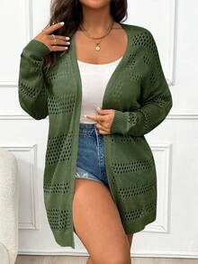 Elenzga Plus Size Women Solid Color Casual Versatile Long Sleeve Cardigan Fall - Green - View 5