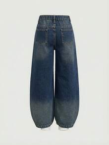 SHEIN Girlism Quần jeans ống rộng cạp cao phong cách Y2K retro cho bé gái, quần áo mùa thu cho bé gái, trang phục đường phố đi học. - Rửa tối - Xem 2