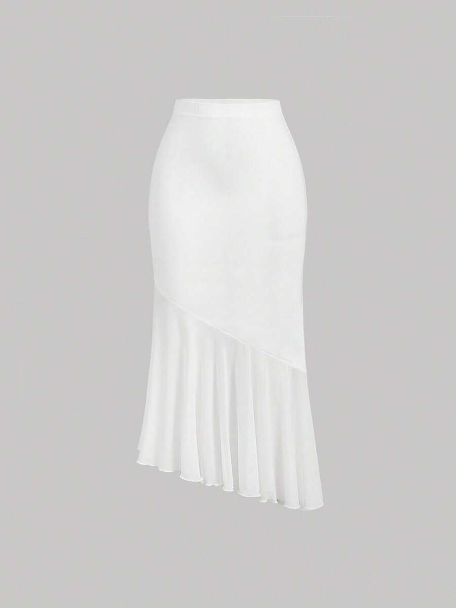 SHEIN MOD Women Asymmetrical Hem Ruffle Hem Bodycon Skirt - White - View 1