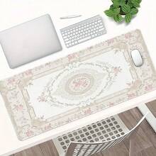 1pc French Vintage Floral Mouse Pad, Soft Pink Texture Luxurious Style, Extra Large Stitched Edge Desk Mat For Office & Study - Rectangle - View 7
