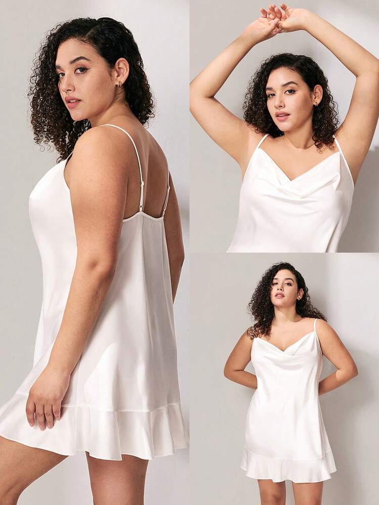 夏のシック シマー プラスサイズ ホワイトサテンナイトガウン - カウルネック&フリルヘム きらめくラウンジドレス ウェディングアイテム