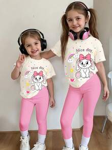 一套女婴可爱兔耳豹纹爱心图案圆领短袖T恤和针织长裤套装，卡通兔子印花服装，春夏日常夏季穿搭T恤套装 - 彩色 - 查看 1