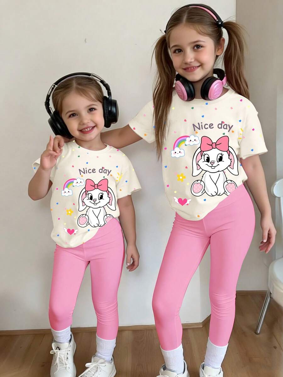 一套女婴可爱兔耳豹纹爱心图案圆领短袖T恤和针织长裤套装，卡通兔子印花服装，春夏日常夏季穿搭T恤套装 - 彩色 - 查看 1