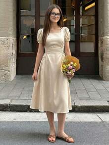 女童简约韩版优雅翻领泡泡袖收腰中长连衣裙，适合外出和聚会 - 卡其色 - 查看 3