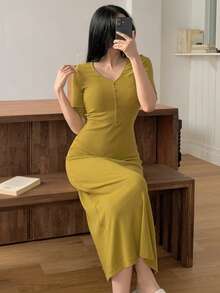 DAZY Minimalist Knit Fitted Long Dress Loungewear For Women - Olive Green - View 3