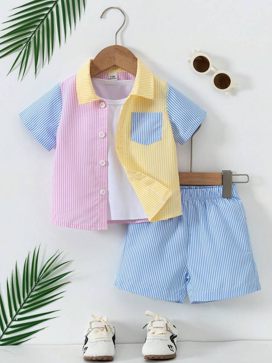 SHEIN 男婴休闲条纹衬衫短裤套装 - 彩色 - 查看 1