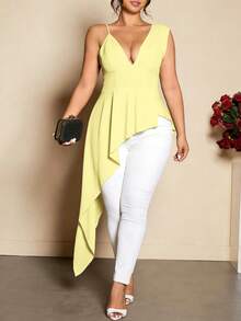 Cravure Plus Size Women's Spaghetti Strap V-Neck Ruched Asymmetric Hem Elegant Blouse - Yellow - View 7