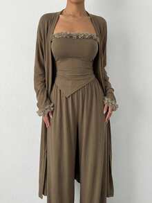 DAZY 3pcs Lounge Set: Romantic 3D Floral Decor Asymmetrical Hem Tube Top, Loose Long Belted Robe & Pants Loungewear Suit, Fall Winter Clothes Pajama, Cozy Outfit - Khaki - View 4