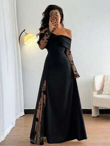 Rafferiza Modisches und würdevolles Damen Kleid, Off-Shoulder Mesh-Einsatz, Langarm und drapiertem Schnitt, geeignet für Partys und Dates - Schwarz - Übersicht 4