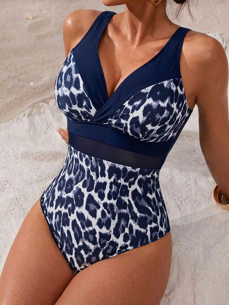Swim Lushoire 女士夏季度假豹纹网纱拼接连体泳衣 - 藏蓝色 - 查看 1
