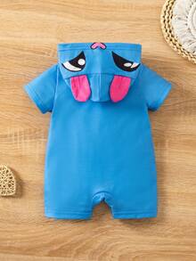 SHEIN 新生儿男/女宝宝可爱夏季卡通图案针织蓝色3D耳朵连帽连体衣 - 藍色 - 查看 2