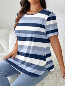 SHEIN LUNE Áo thun nữ cỡ lớn kẻ sọc cổ tròn, kiểu dáng thường ngày, đa năng. - Nhiều màu - Xem 6