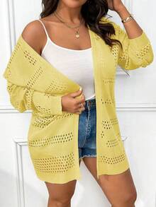 Elenzga 大码女式纯色休闲百搭长袖开衫 - 鵝黃色 - 查看 6