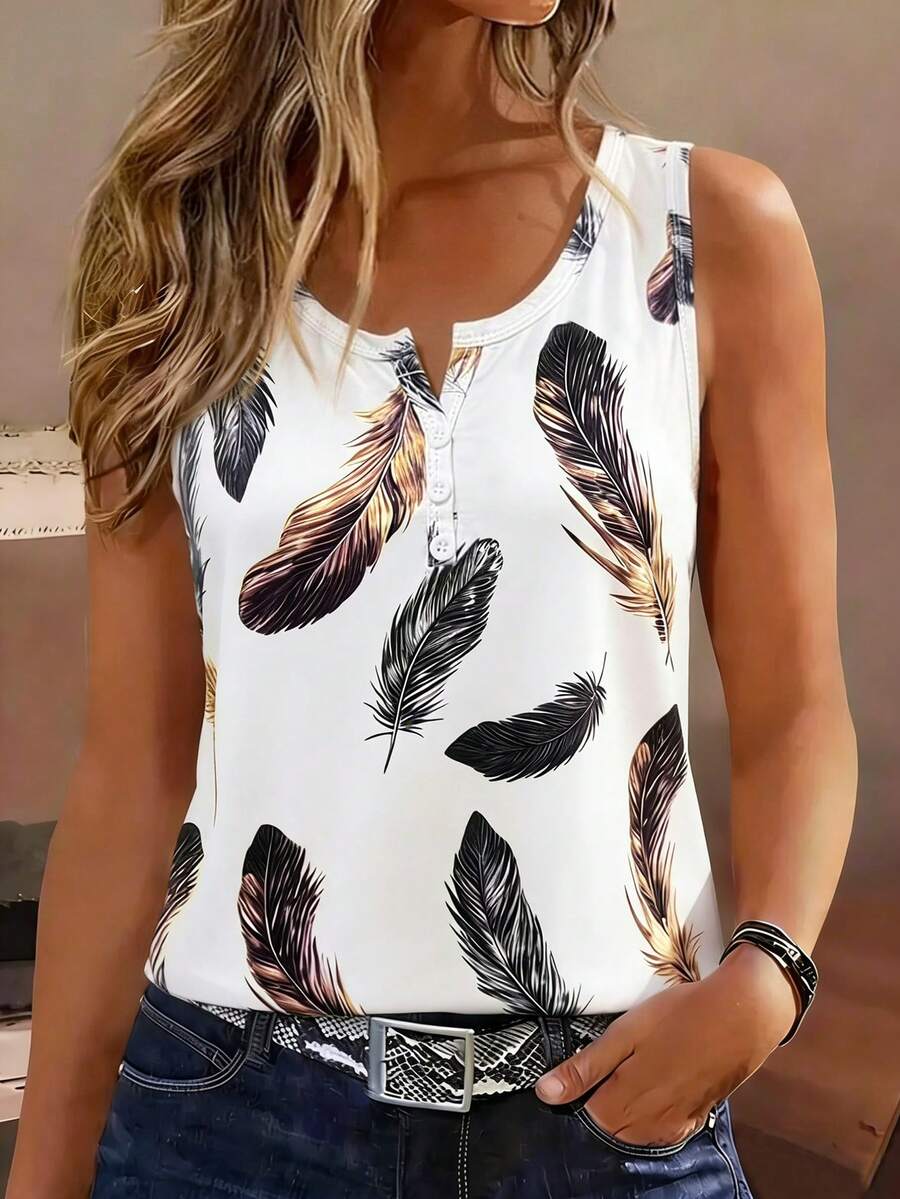 EMERY ROSE Camiseta de tirantes con estampado de palmeras para mujer - Blanco - Ver 1