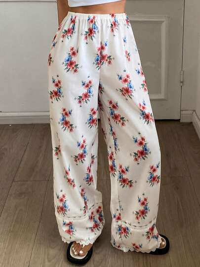 DAZY Quần pajama nữ dáng rộng họa tiết hoa nhí và ren phối hợp, thích hợp cho mùa xuân/hè.