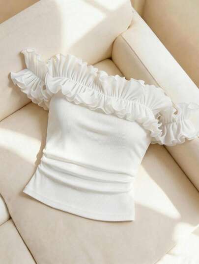 Franclia Áo kiểu nữ thanh lịch, thời trang, tối giản, ôm dáng, chất liệu gân nổi, có bèo nhún ở gấu áo, thích hợp cho mùa xuân và mùa hè.