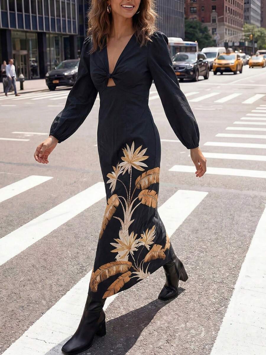 CAJUNI Vestido largo con estampado de palmeras doradas, elegante para vacaciones - Negro - Ver 1