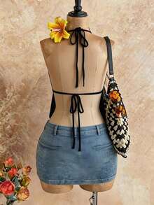 DrmWander 女士夏季度假贝壳印花不对称下摆露背上衣 - 黑色 - 查看 2