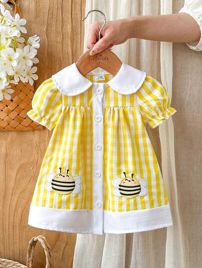 Vintaside Kids Đầm cho bé gái sơ sinh, thêu họa tiết ong và kẻ caro, phong cách đồng quê, đầm thời trang, đa năng, thanh lịch, thoải mái cho mùa xuân/hè.