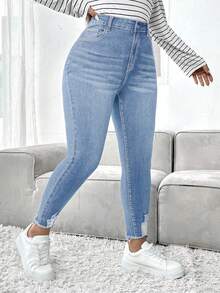 SHEIN ICON Plus Size Solid Color Casual Jeans - Light Wash - View 6