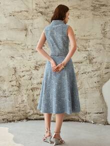 MOTF PREMIUM WOMEN'S DENIM JACQUARD BUCKLE BELTED SLEEVELESS DRESS - Light Wash - View 3