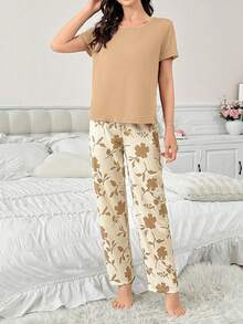 Contrast Color Casual Print Short Sleeve & Pants Women Pajama Set - Khaki - View 6