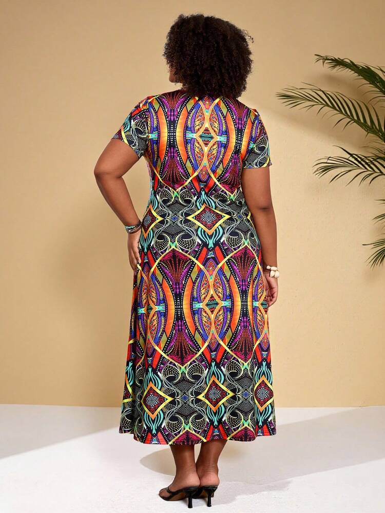 Plus Size V-Neck Short Sleeve Dress With Allover Print, Suitable For Summer Vacation,Country Outfits For Women
