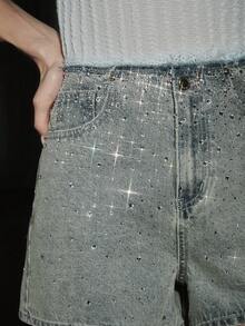 Anewsta Fashionable Lace Waistband Studded Denim Shorts - Blue - View 1