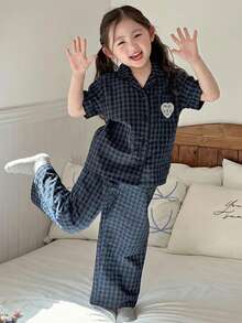 Dazy Kids Girls' Plaid Embroidered Long Sleeve Top And Pants Loungewear Set, Fall - Navy Blue - View 2