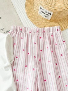 SHEIN LMoss Kids 2pcs Young Girl Knitted Solid Color Round Neck T-Shirt And Loose Bow Decor Casual Pants Set, Summer Family Matching, Young Girls Coords Clothing Outfit Sets - Pink - View 6