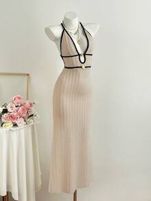Elamini Women's Apricot Textured Jacquard Deep V-Neck Backless Fitted Maxi Casual Vacation Dress - Khaki - View 3