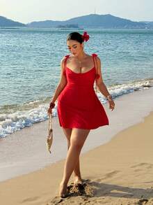 Sunnyshic Plus Size Women's Red Summer Satin Mini Dress,3D Rose Decor Open Back Ruched Bodycon Cocktail Party,Beach Rave Holiday,Formal Dress - Red - View 3